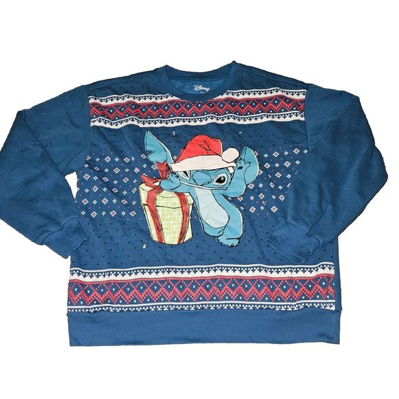 Disney Light Up Stitch Christmas Sweater Navy Large 11-13 - No Battery Pack - Picture 1 of 5